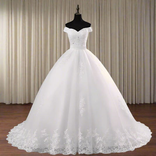 GownLink Off-Shoulder White Bridal Wedding Gown with Long Train Christian & Catholic Church Wedding Dress for Brides GLHS14-OFF-T