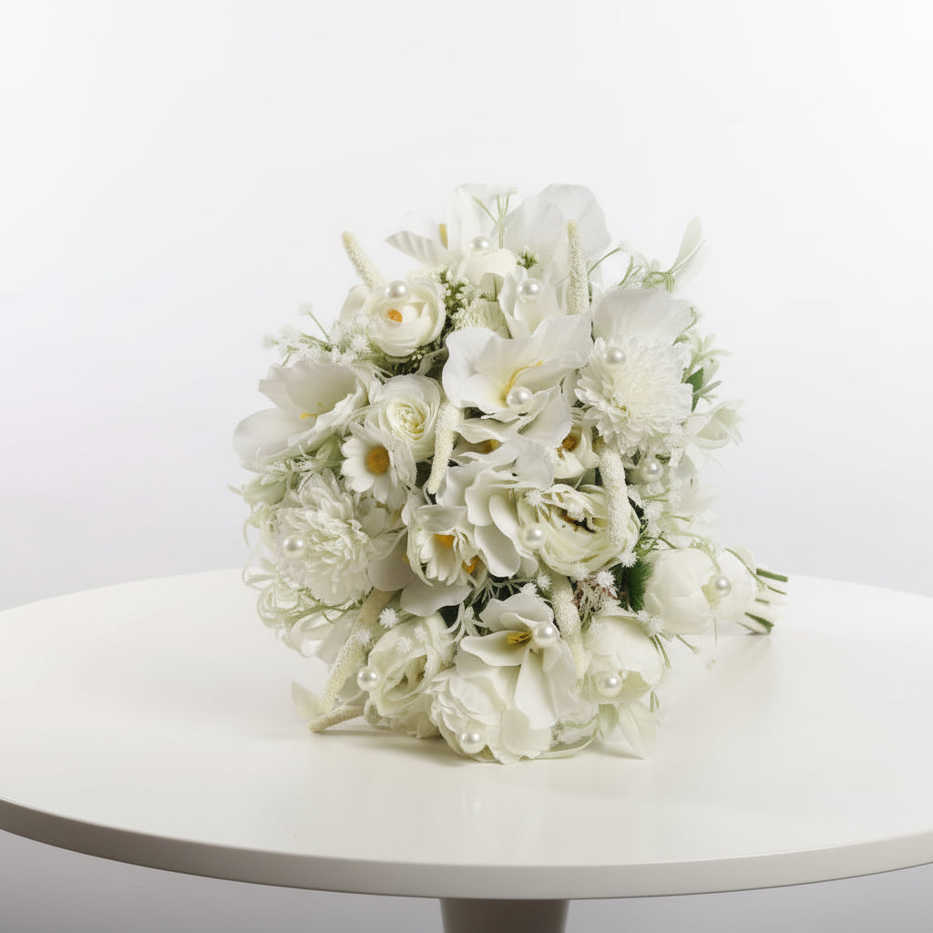 Detail of ribbon and wrapping on White Bridal Bouquet — GownLink GOWNLINKS