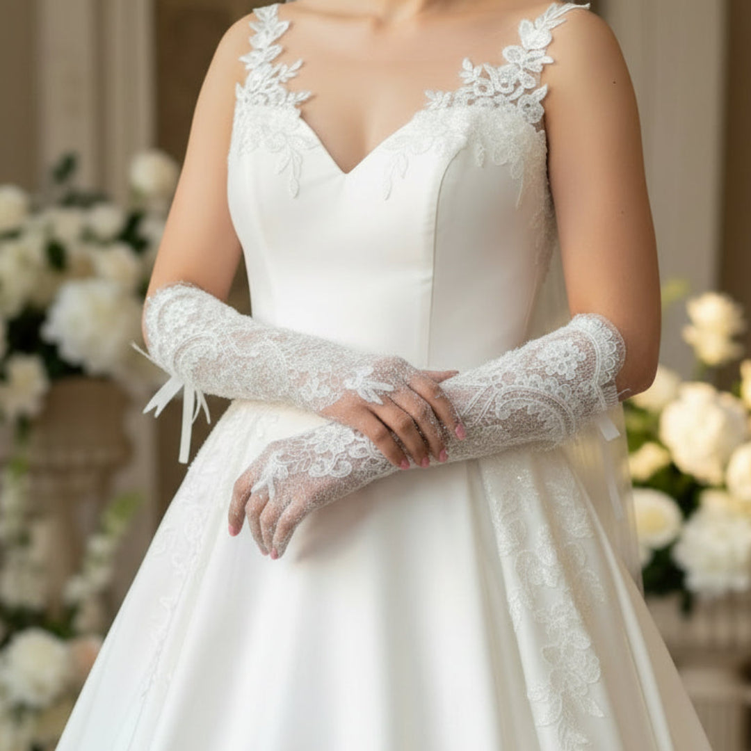 Back view of Long Bridal Gloves showing full length — GownLink CLASSY