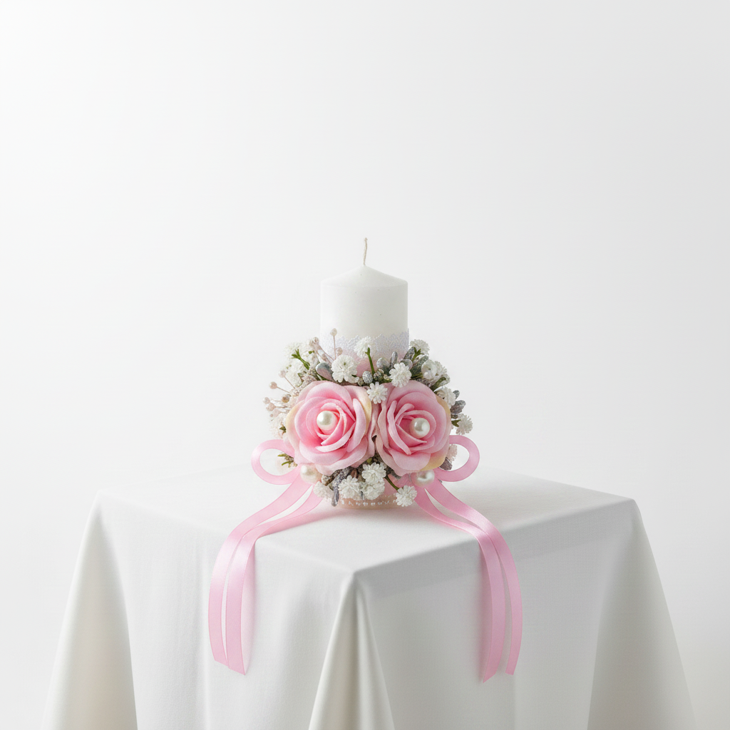 Front view of Pink Holy Communion Candle — GownLink COMMUNION