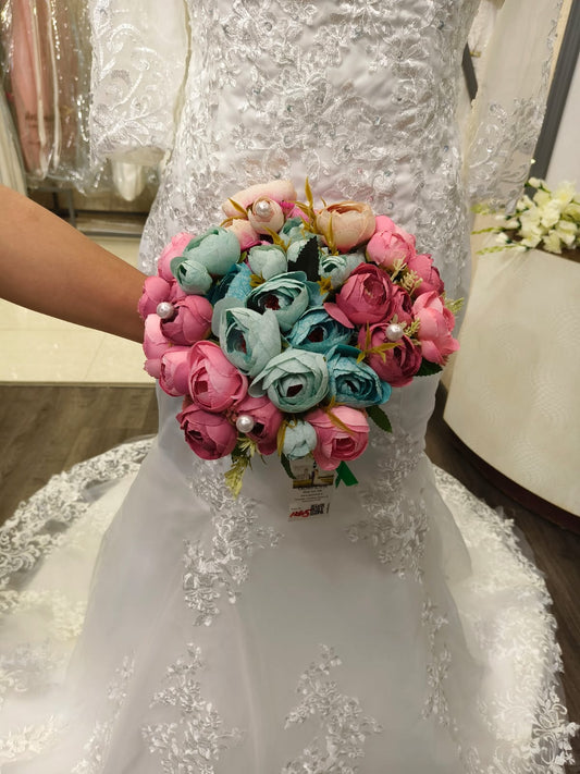 Christian Brides Wedding Bouquet Pink & Blue Rose Flowers Bridal Bouquet B-59