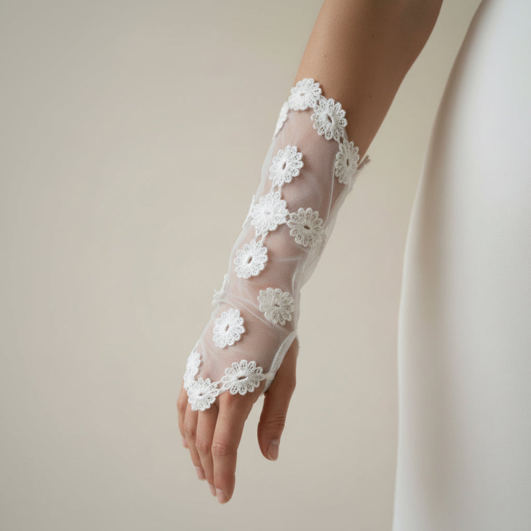 Close-up of pearl or crystal detail on Bridal Gloves — GownLink CHARM