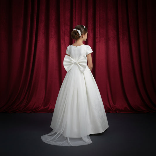 Back view of First Communion Dress showing train and bow — GownLink COPY