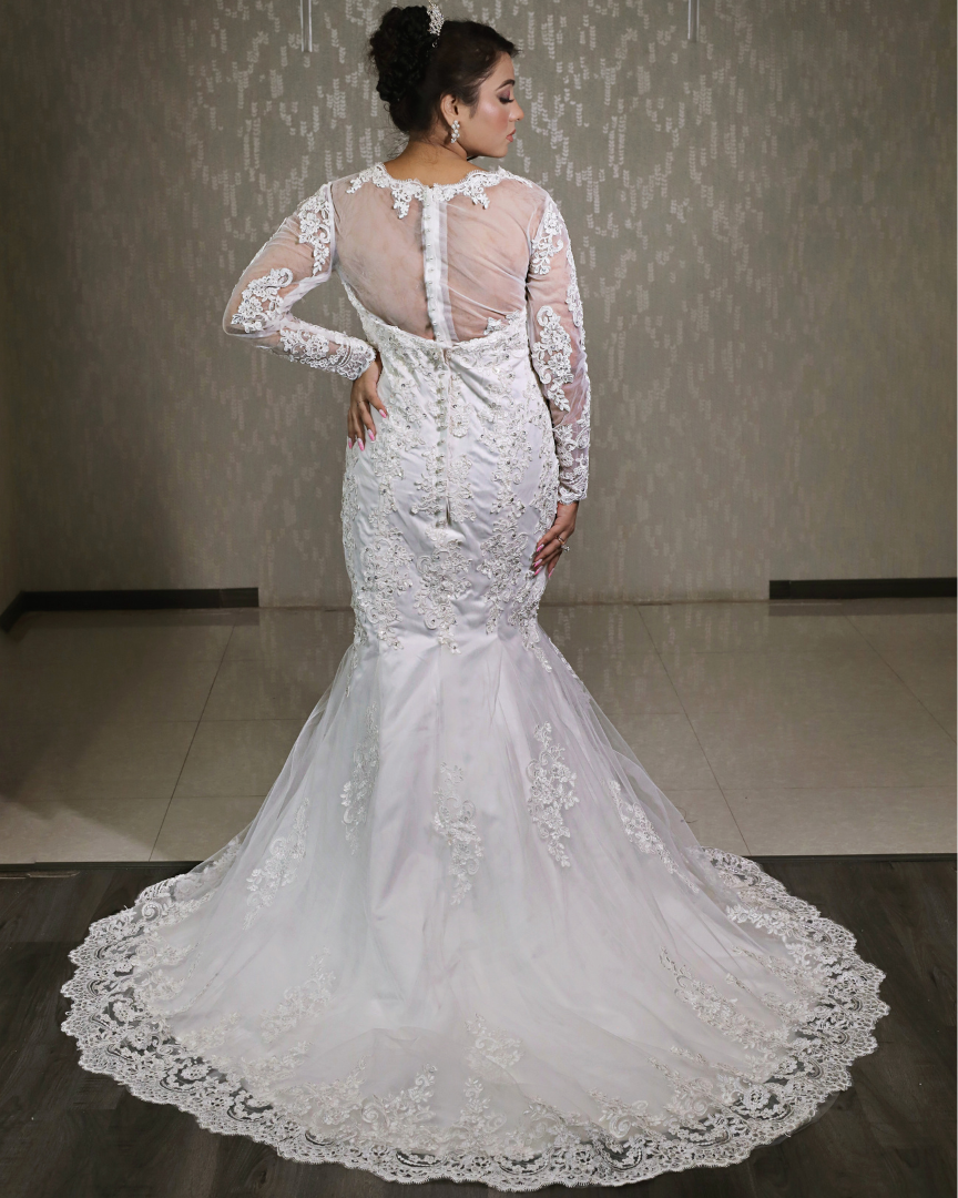 White Catholic Wedding Mermaid Train Gown in Mumbai