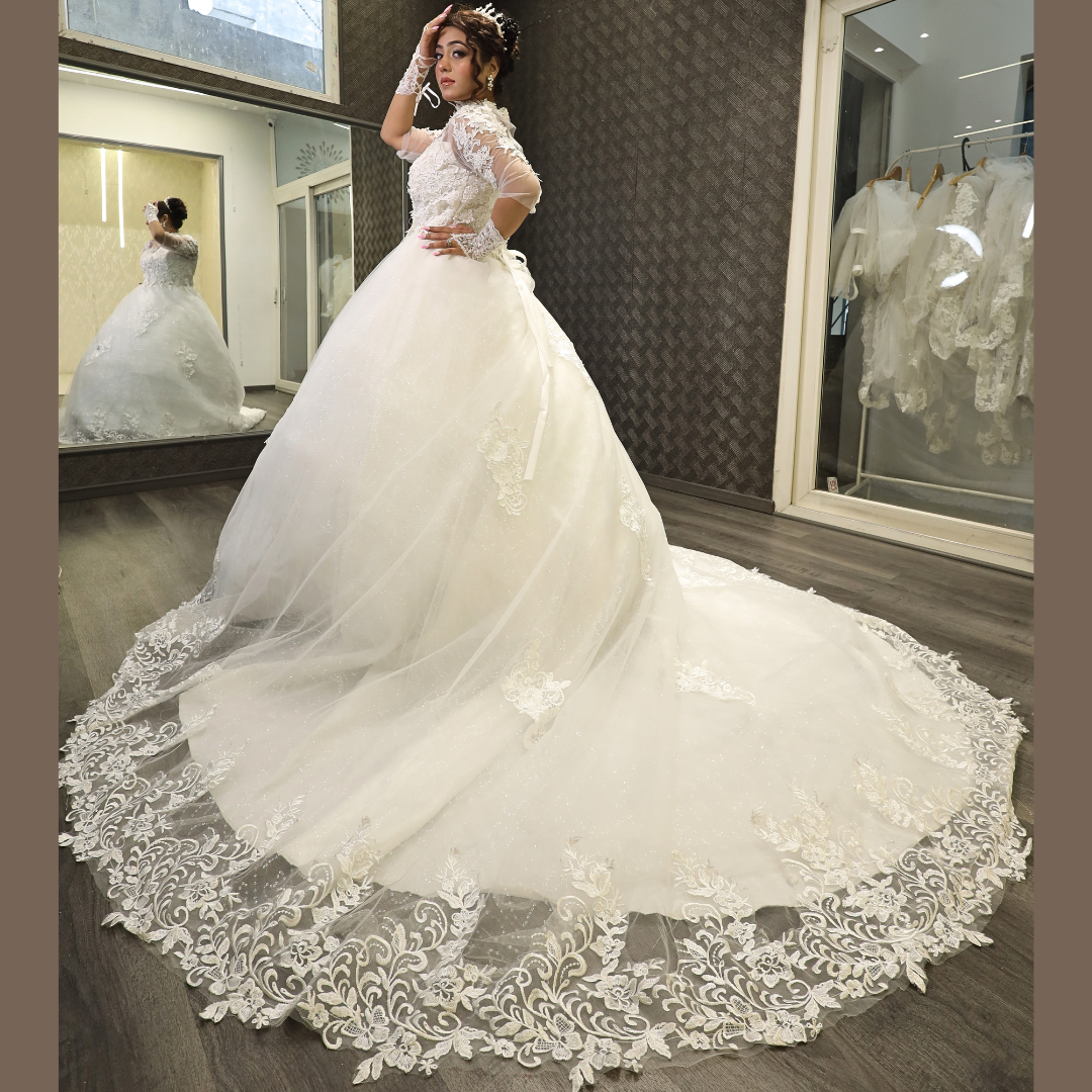 White Train gown for Catholic wedding in Karnatak