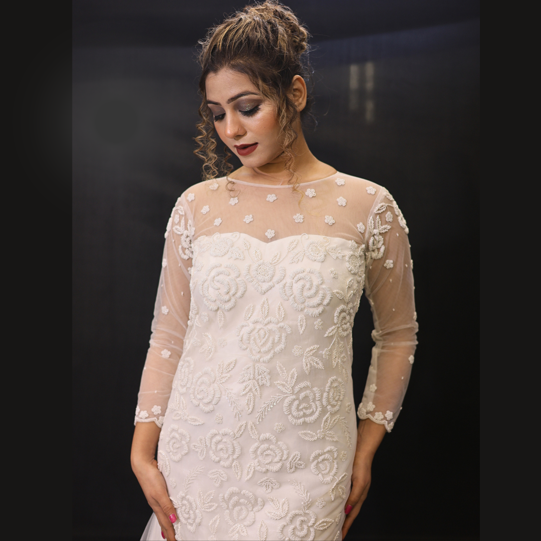 White Christain Wedding Fish Cut Gown in Jharkhand