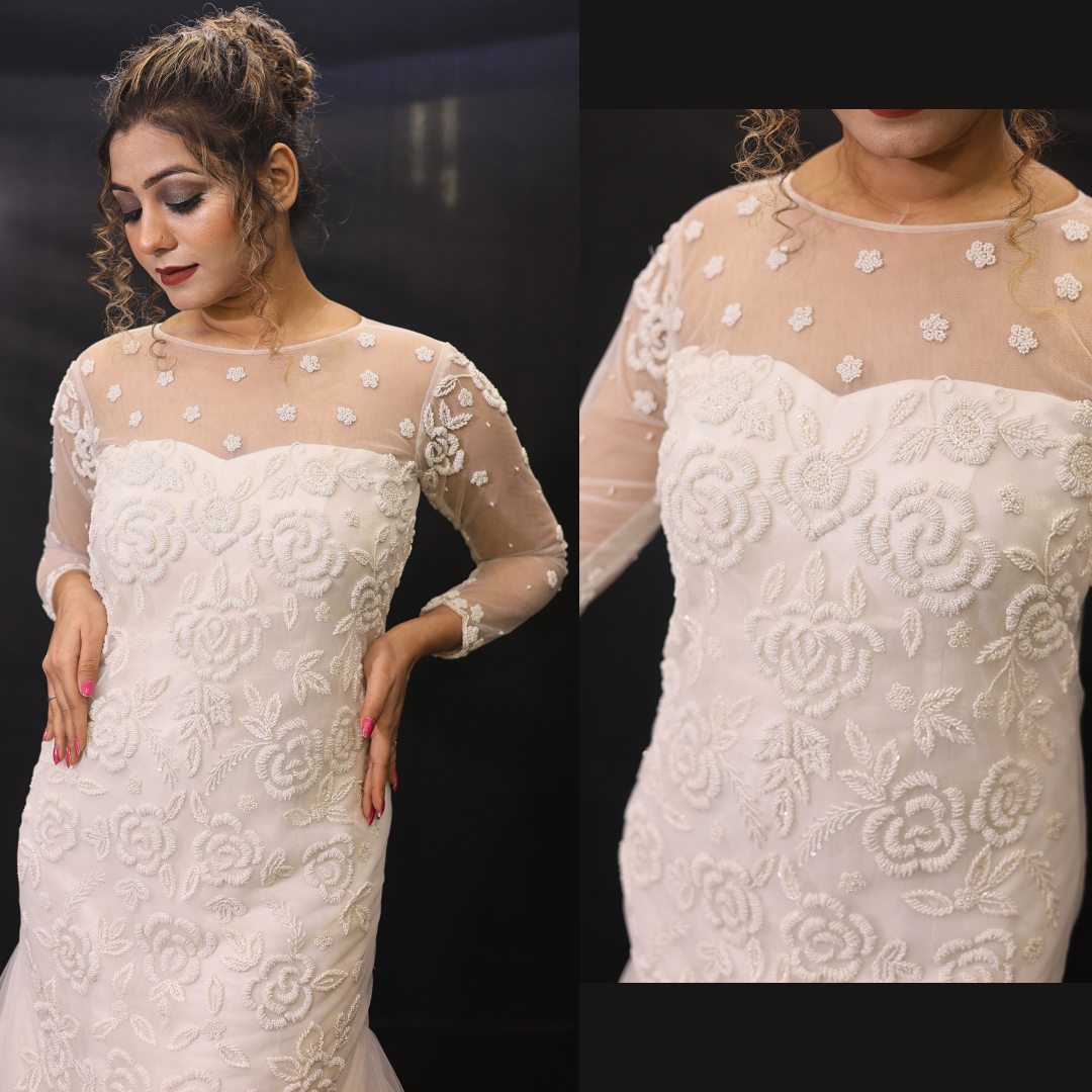 White Catholics Wedding Mermaid gown inJharkhand