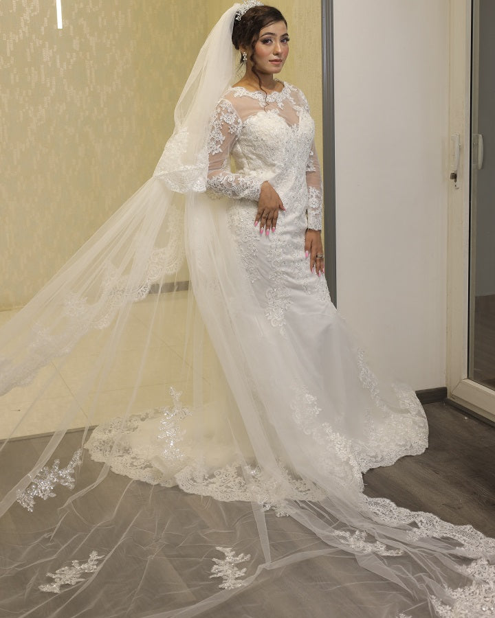 White Traditional Train Mermaid Gown in Goa