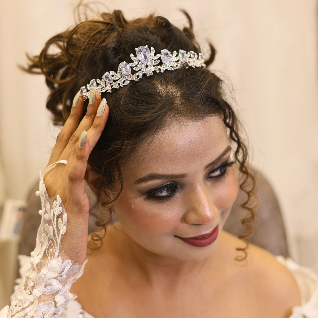 Silver crystal crown for Christian bride in Banglore