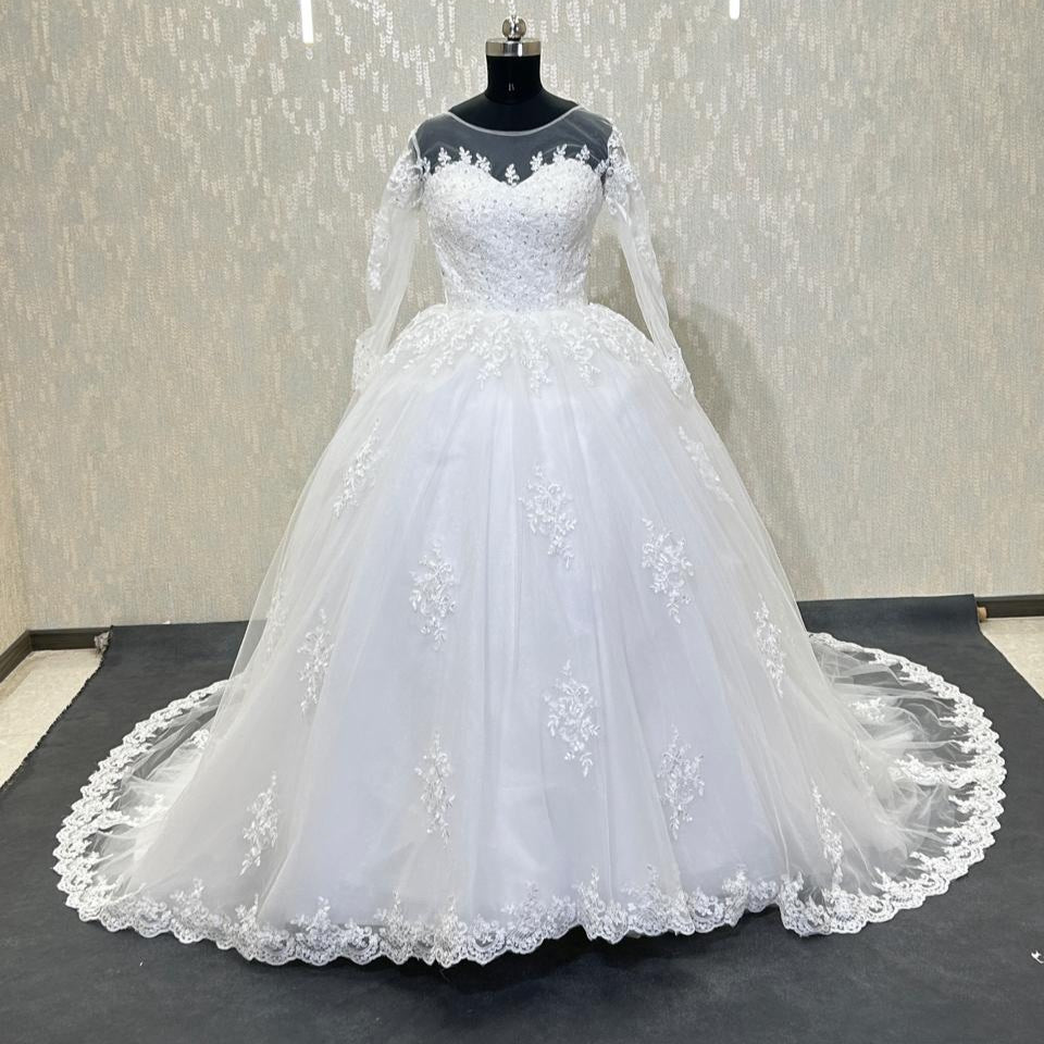 GownLink Stunning Train Gown White Church Wedding Gown with Beaded Lace GLGT009