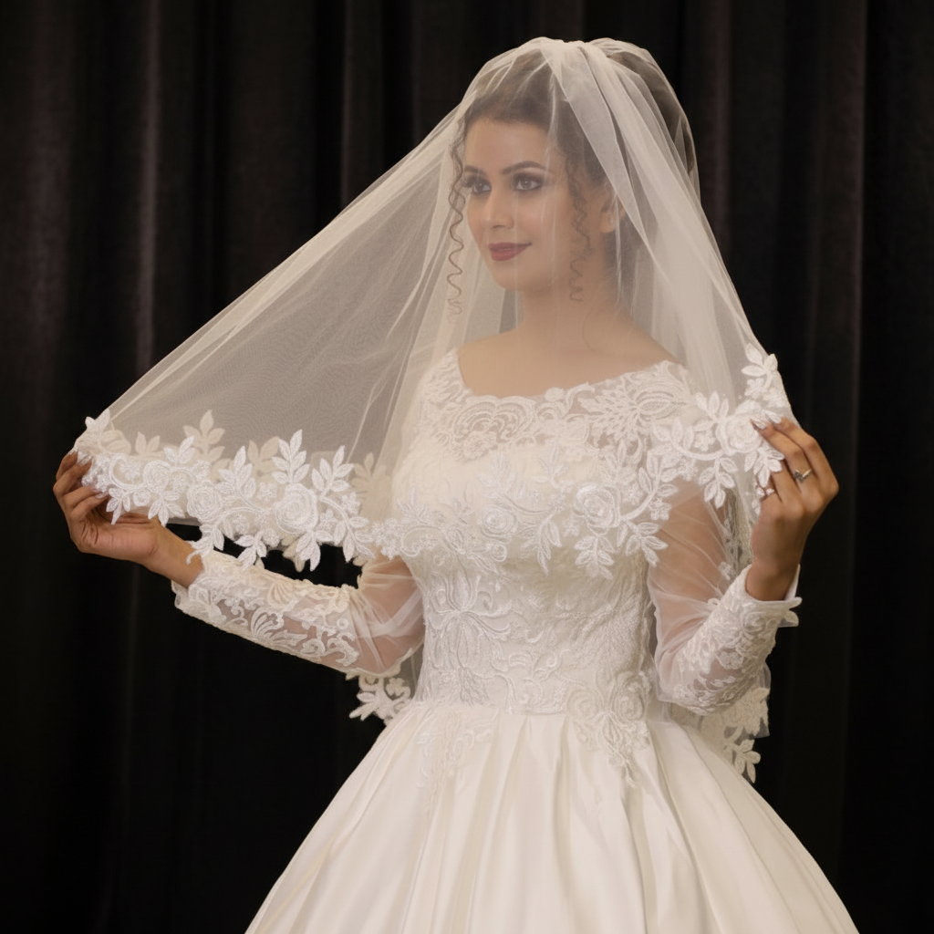 Side view of Long Bridal Veil with comb attachment visible — GownLink GLV09S