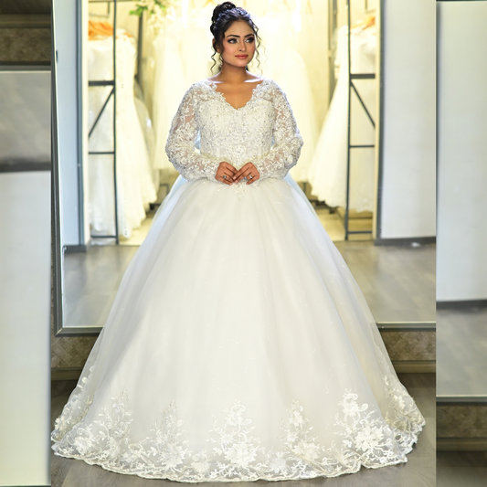GownLink Luxury White Princess Wedding Dress Christian Church Bridal Gown with Sleeve Elegant Ball Gown GLGB144-B