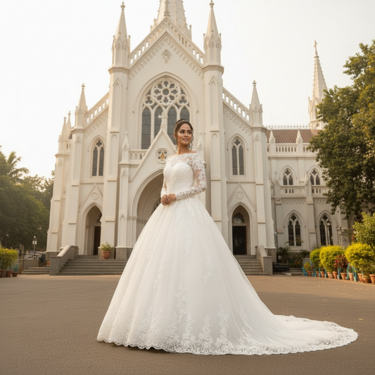 GownLink Classic White Bridal Wedding Dress with Full Sleeves & Long Train for Christian Church Weddings – GLR015