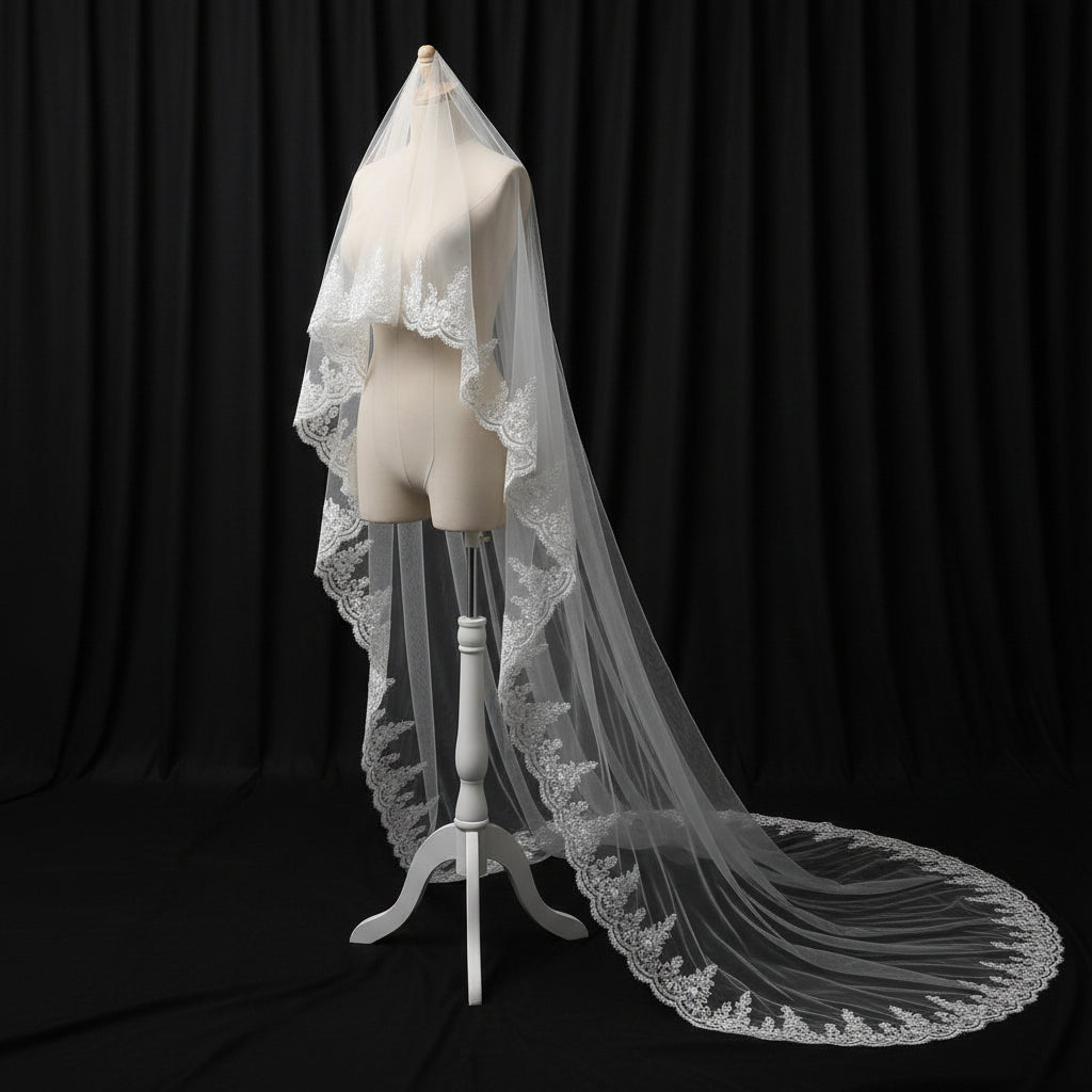 Front view of Long Bridal Veil draped over model — GownLink GLV20