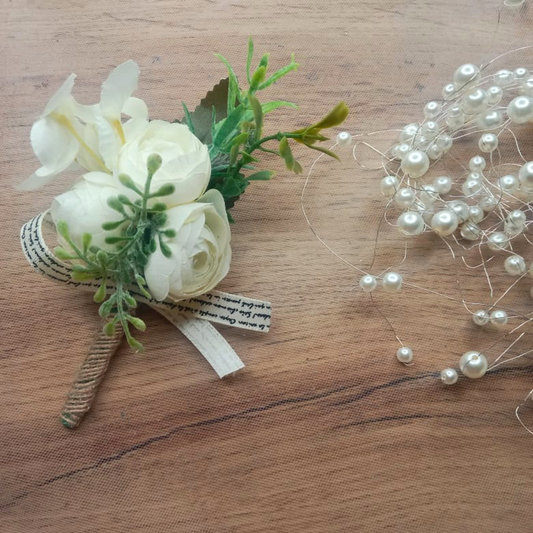 White peony corsage for groom Greenery wedding boutonnière Kunda