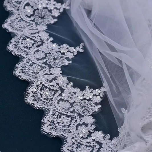 Back view of Cathedral Bridal Veil showing full length and drape — GownLink GLVHL04