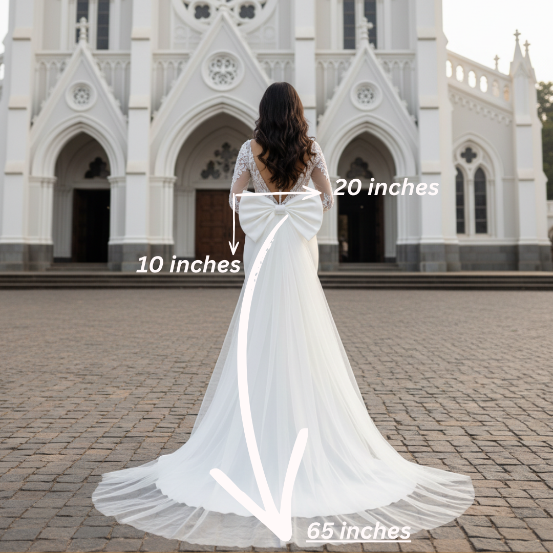 Close-up of lace and fabric detail on White Bridal Gown Satin with Long Train — GownLink BOW