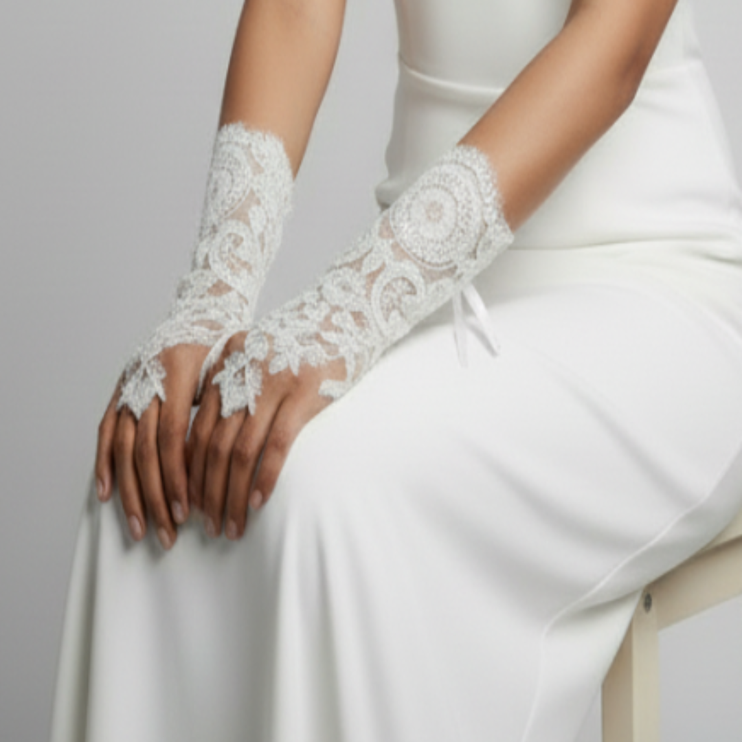 Close-up of pearl or crystal detail on Bridal Gloves — GownLink GOWNLINK
