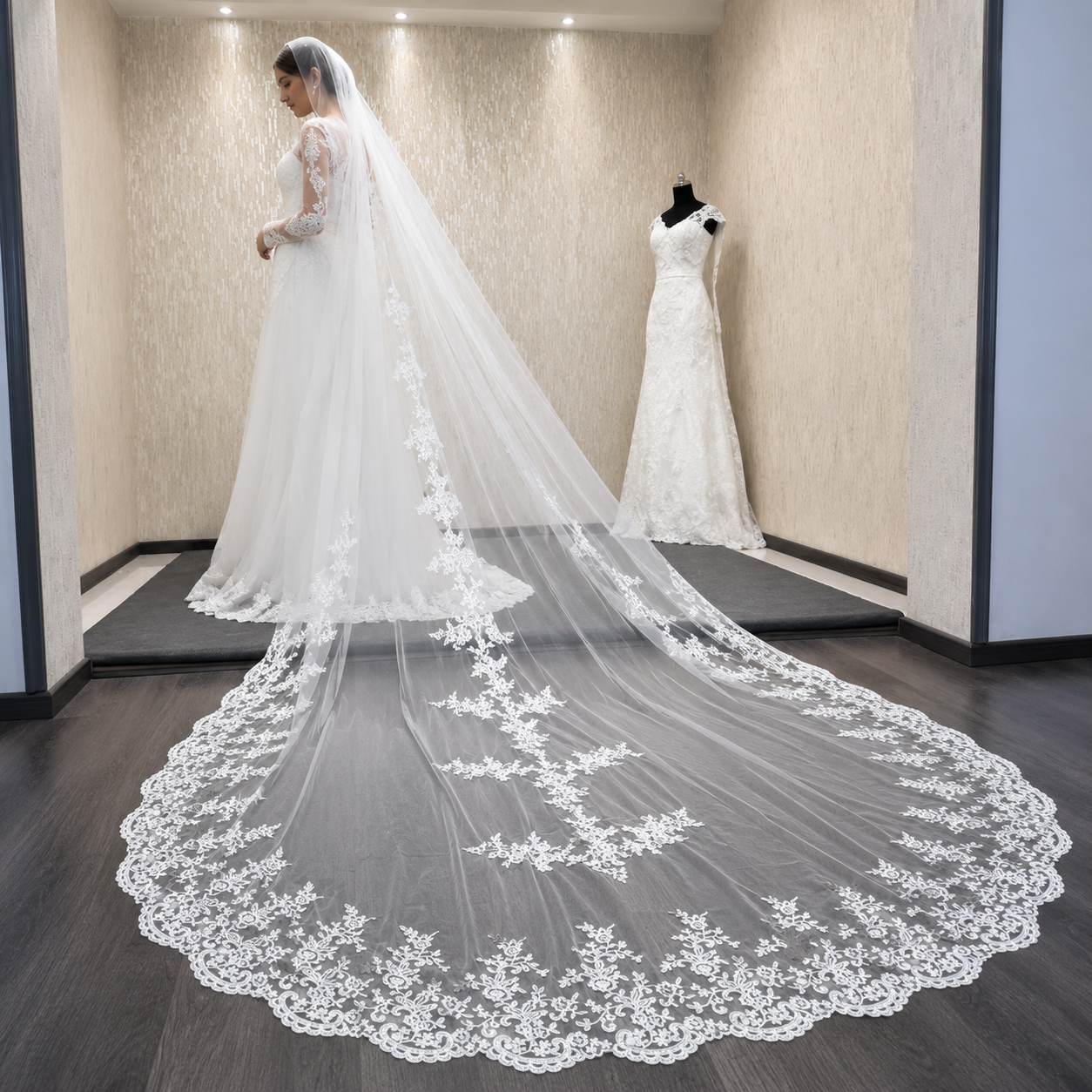 Church setting with model wearing Cathedral Bridal Veil — GownLink GLVHML007