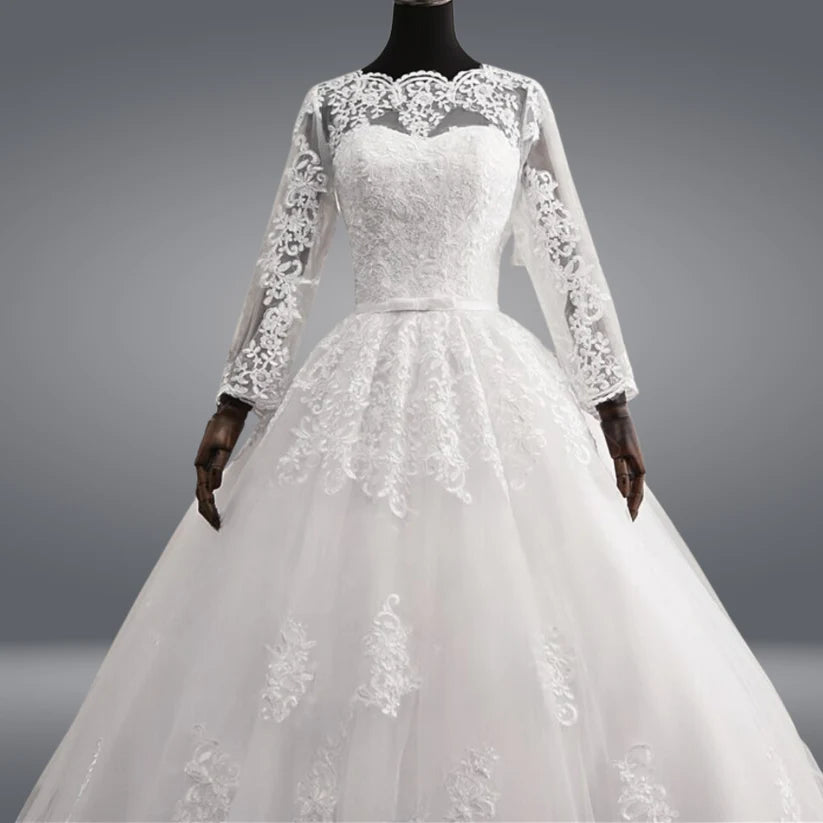 Sleek and contemporary column white wedding dress with a high neck