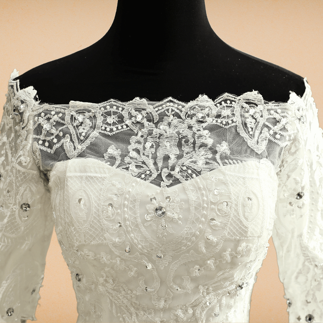 Modest long-sleeved Christian wedding gown mermaid dress off shoulder Mizoram India