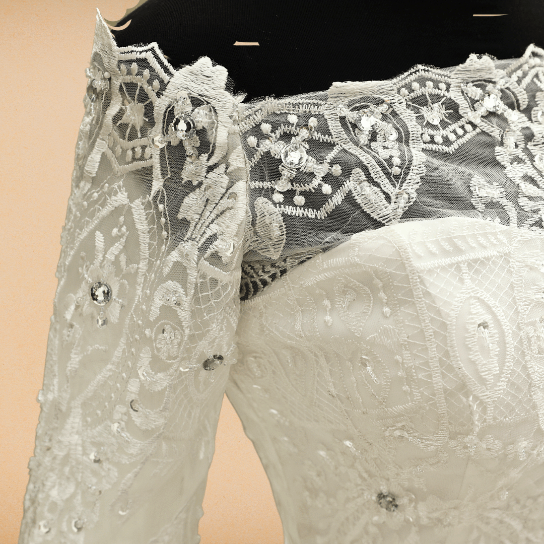 Delicate lace details on a Christian bridal mermaid dress Manipur India