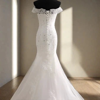 "Radiant Off-Shoulder White Mermaid Gown, Perfect for Christian Bliss"