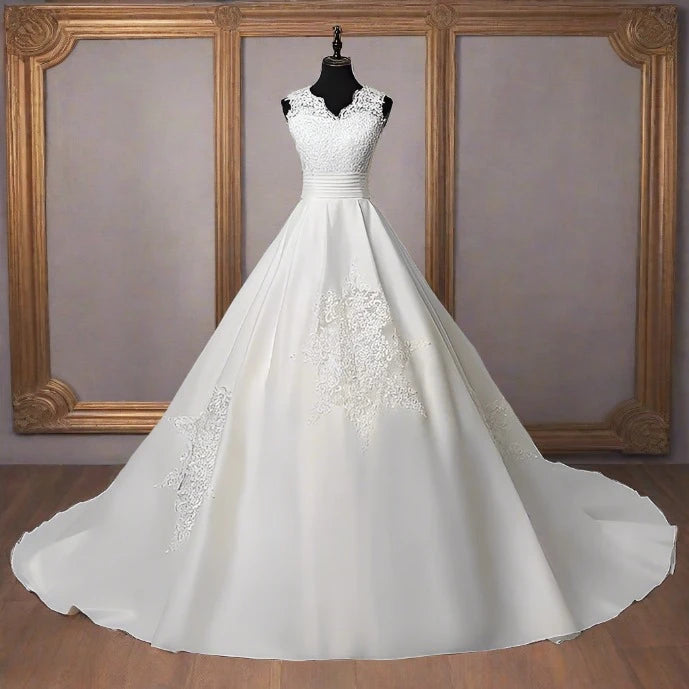 GownLink White Christian & Catholics Wedding Train Satin Dress With Sleeves  GLHSD691