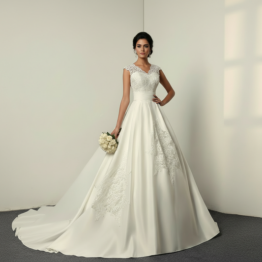 Flowy Christian white wedding gown with a satin train.