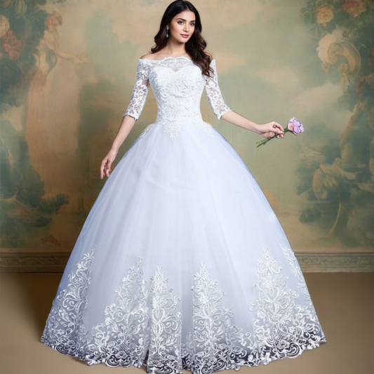 "A celestial dream come true - this white ball gown radiates pure elegance." Kohima and Dimapur