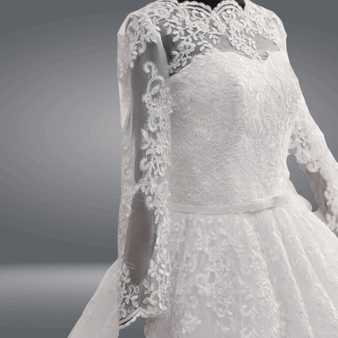Gorgeous white train gown adorned with sparkling sequins and crystals.