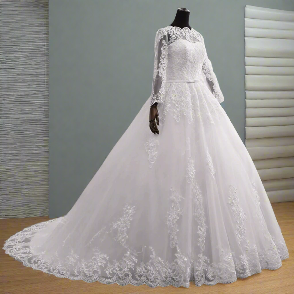 Timeless white ball gown with a full skirt and delicate floral embellishments