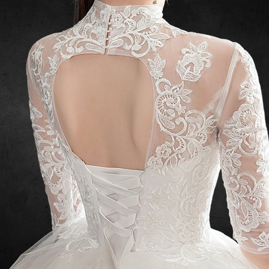 Opulent Catholic white wedding gown with a back romantic look.