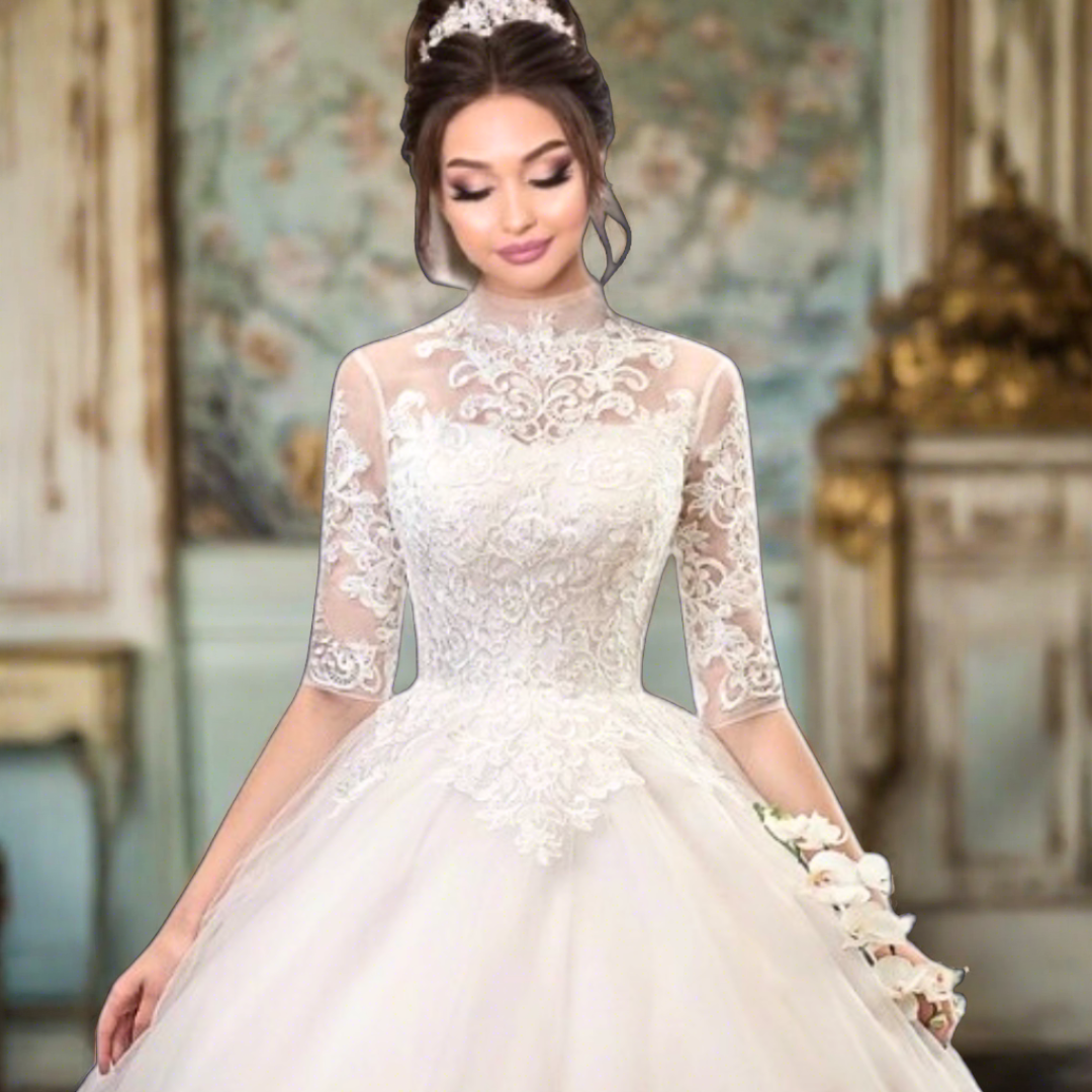 Flawless Catholic white wedding gown with an embroidered train.