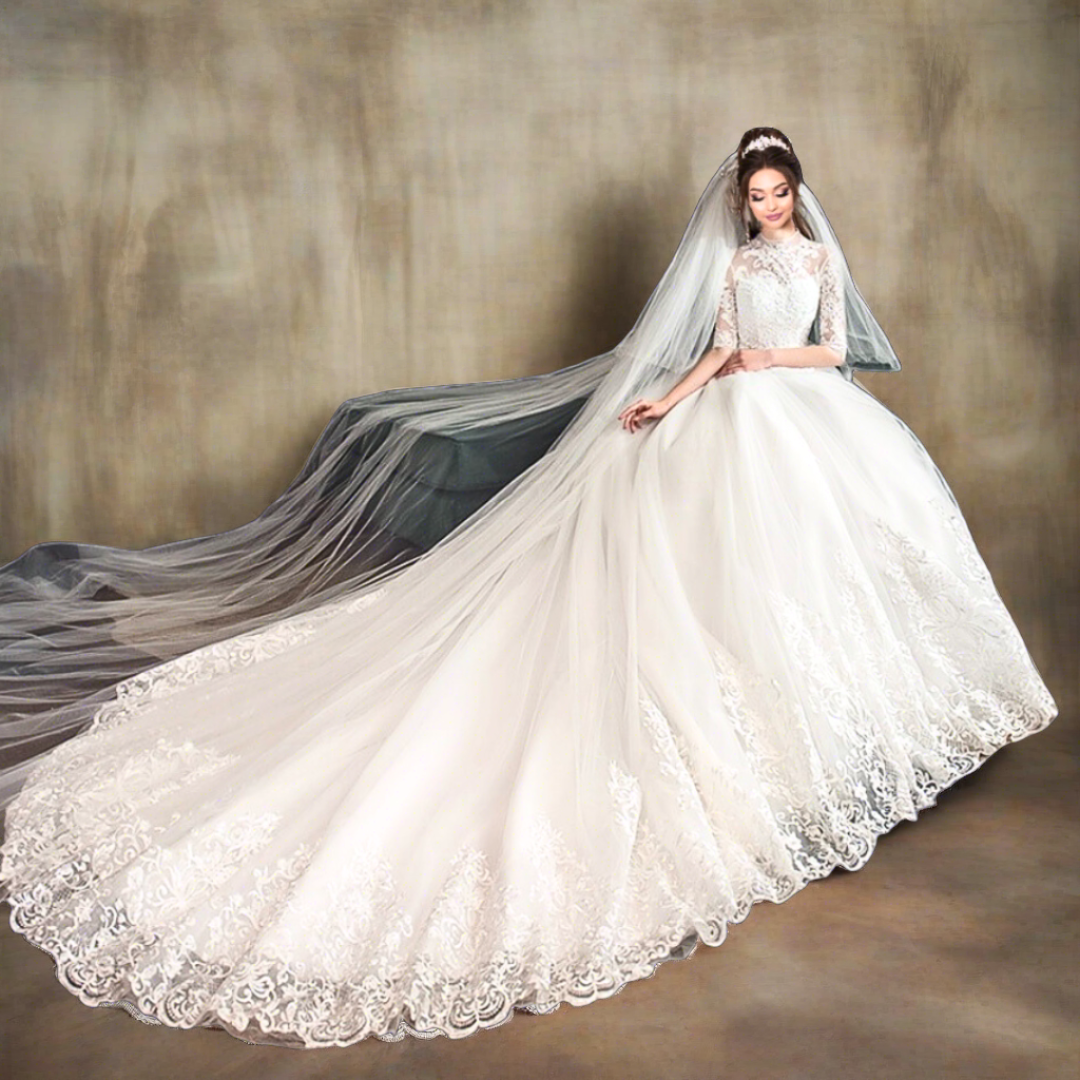 White good wedding dress with long train