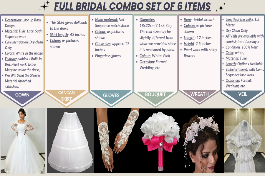 Close-up of individual pieces in 5-Piece Bridal Combo Set — GownLink GRACEFUL