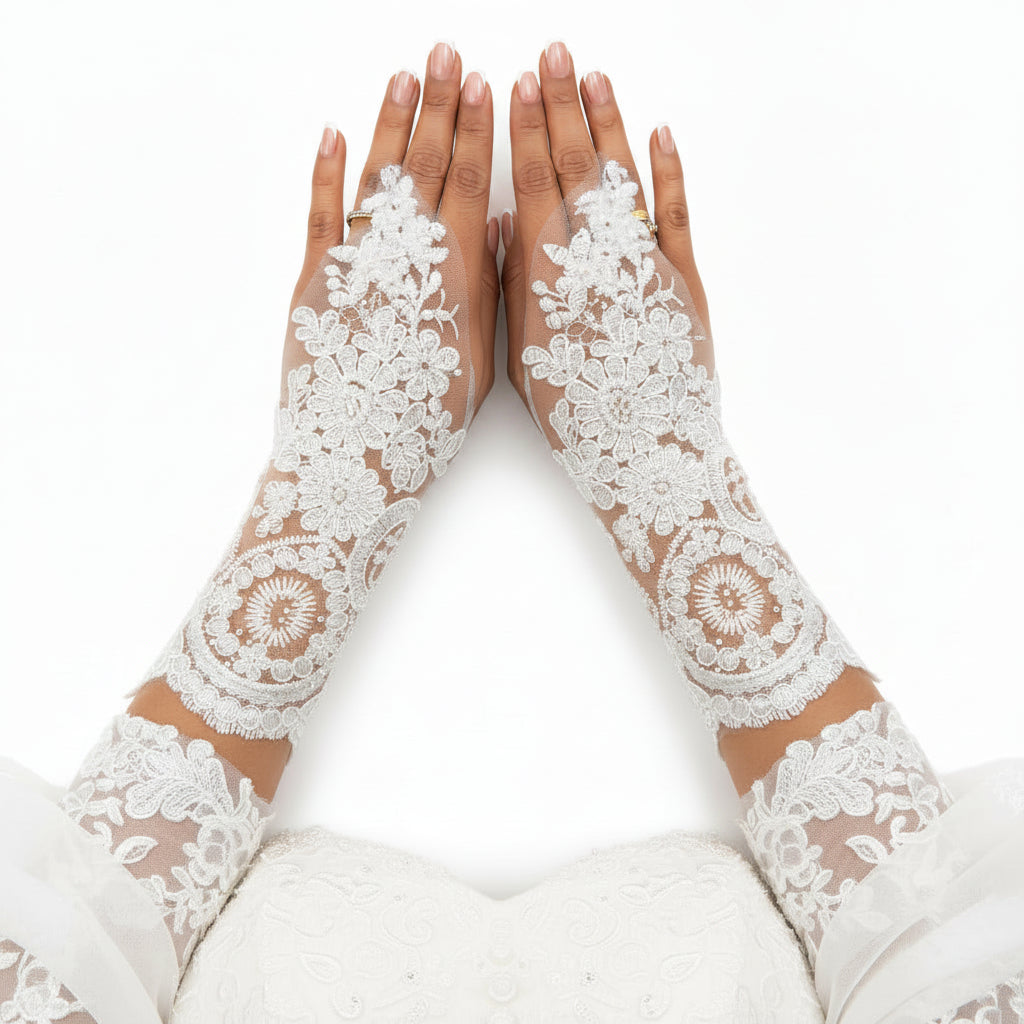 Close-up of pearl or crystal detail on Bridal Gloves — GownLink G101