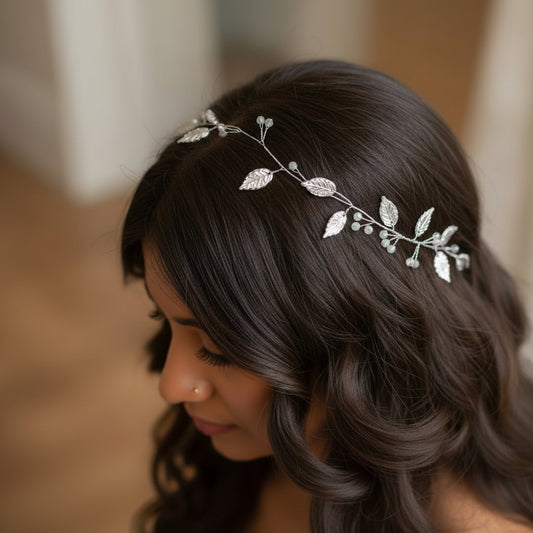 Close-up of pearl and crystal detail on Bridal Wreath — GownLink W8