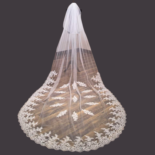 Back view of Cathedral Bridal Veil showing full length and drape — GownLink GLVHM5A