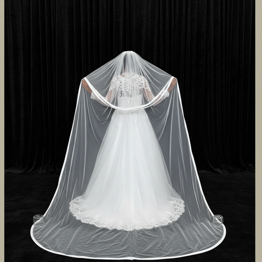 Back view of Cathedral Bridal Veil showing full length and drape — GownLink GLVP01