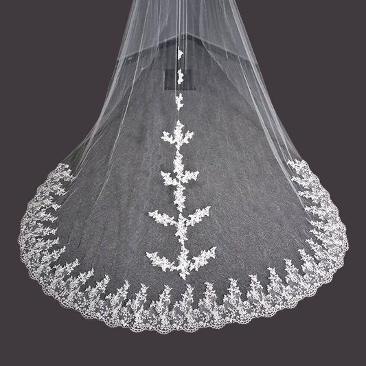 Back view of Cathedral Bridal Veil showing full length and drape — GownLink GLVP20