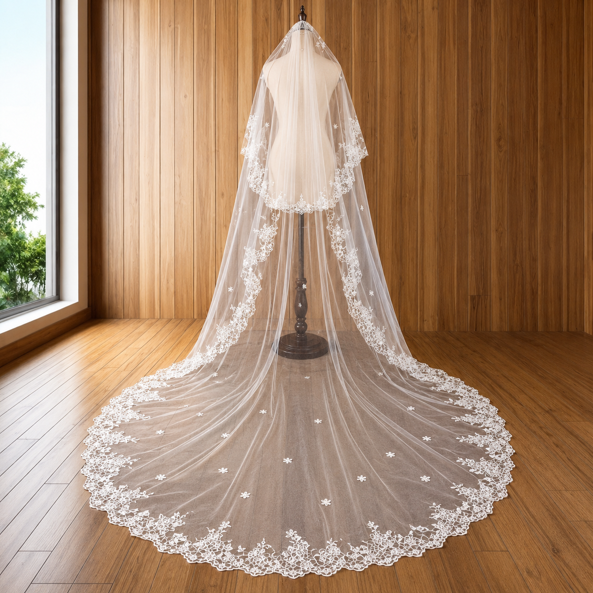 Model wearing Cathedral Bridal Veil with bridal gown — GownLink GLCP4
