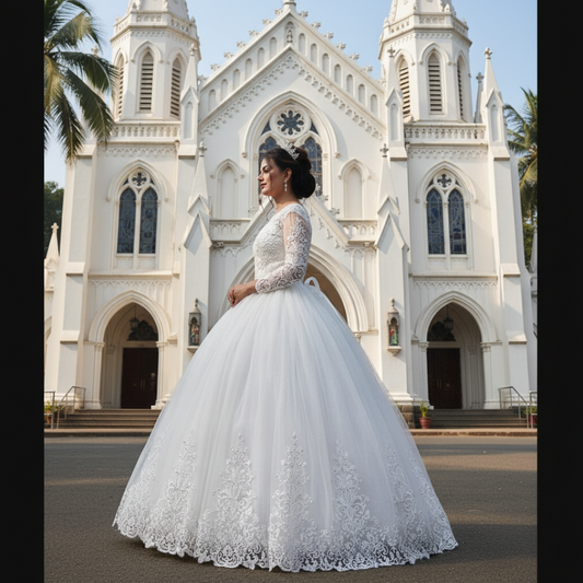 Elegant Christian bridal dress by GownLink with a princess silhouette, lace sleeves, and refined floral embroidery