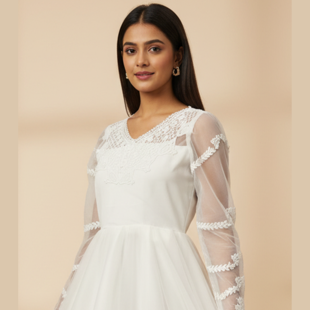 Close-up of lace and fabric detail on White Bridal Gown Satin with Train — GownLink GLHMST18