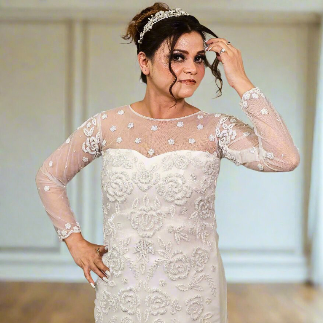 Close-up of lace and fabric detail on A-Line with Sleeve Detail — GownLink GLHMA