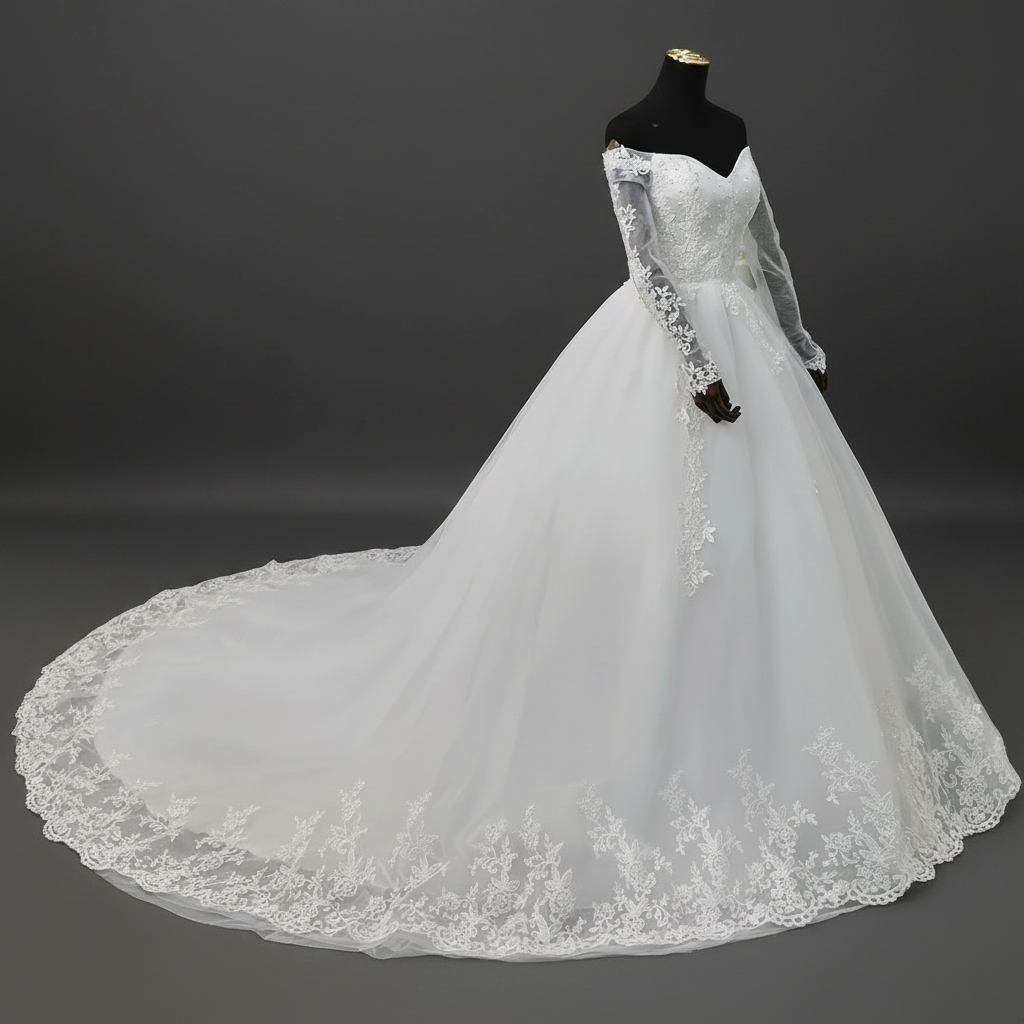 Close-up of lace and fabric detail on White Princess with Off-Shoulder — GownLink GLGF071SL