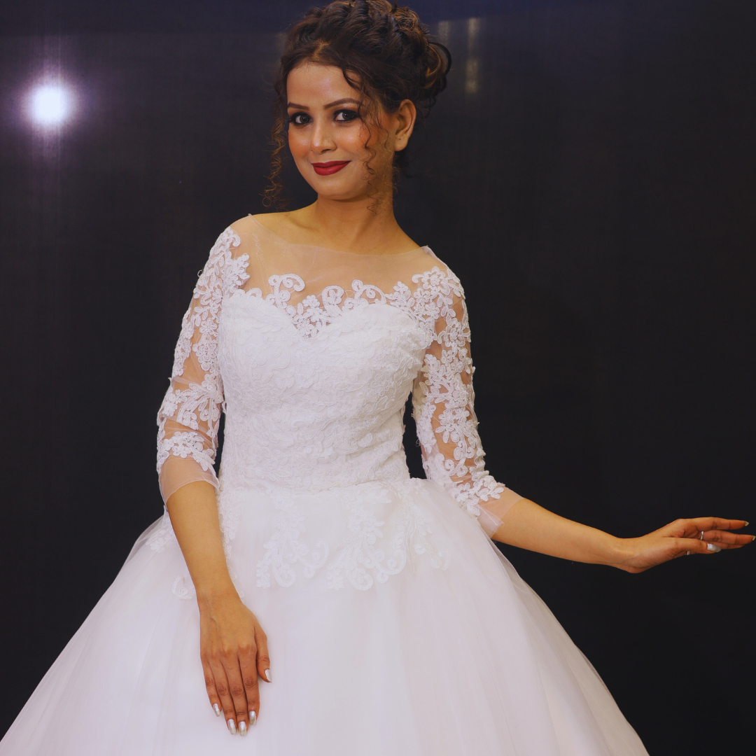 Luxury Christian ball gown with embroidered lace details, off-shoulder neckline, and elegant bridal styling