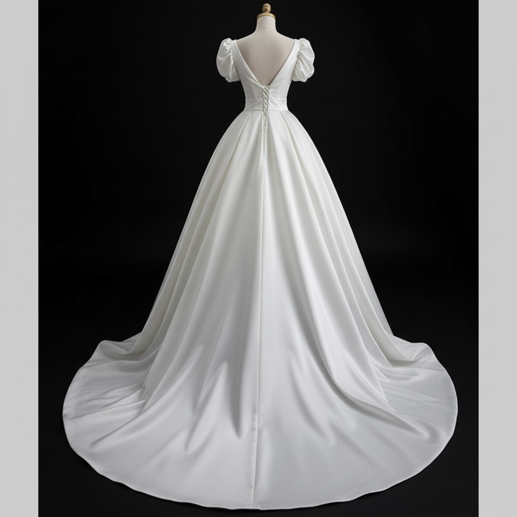 Full-length view of White Bridal Gown Satin with with train spread on floor — GownLink GLHMST10