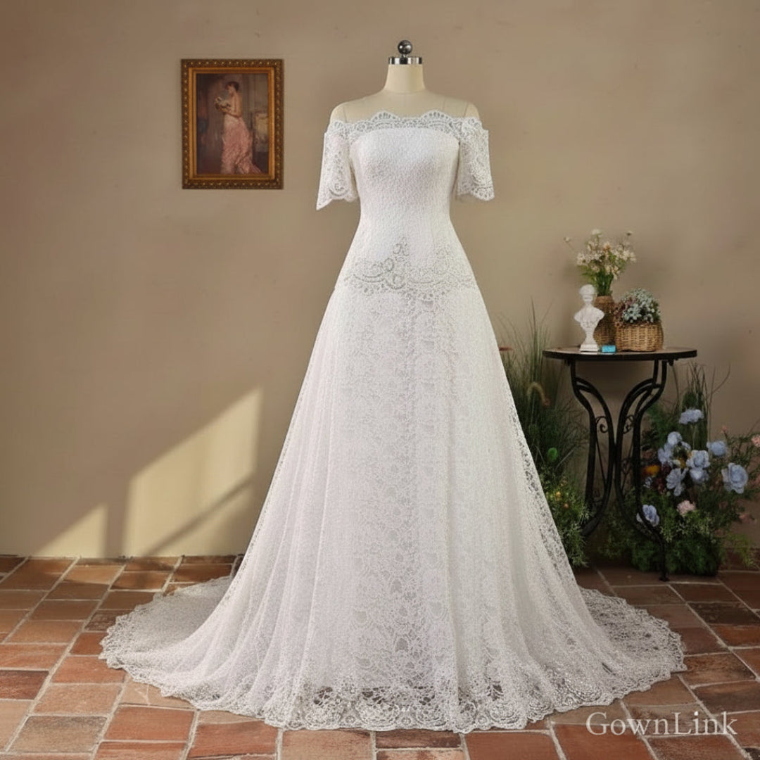 Front view of White Mermaid with Sleeve Detail on model against studio backdrop — GownLink GL8646T
