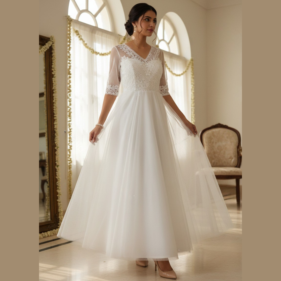 Front view of White A-Line Lace with V-Neck on model against studio backdrop — GownLink GLWL801